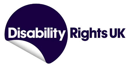 Logo of Disability Rights UK featuring the organization's name in bold white and purple text on a dark purple circular background with a curled lower left edge.