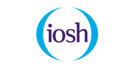The IOSH logo featuring the lowercase letters "iosh" in purple, centered between two curved blue lines on a white background.