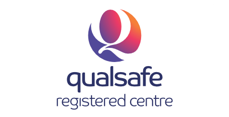 Qualsafe registered centre logo featuring a stylized "Q" in purple and orange above the text "qualsafe registered centre" on a white background.
